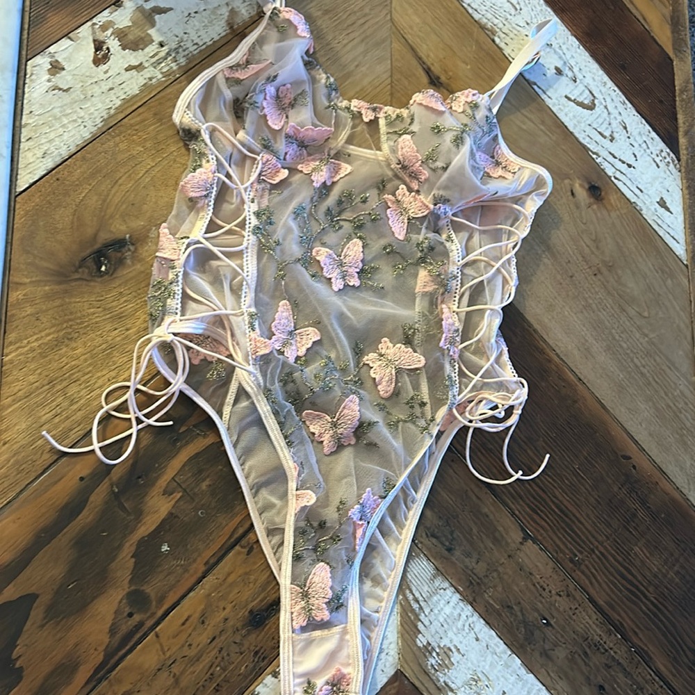 Pink butterfly lace lingerie body suit